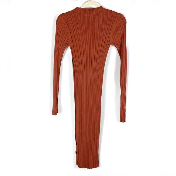Adam Lippes Side Button Midi Dress Ribbed Sweater Brown Long Split Sleeve Sz XS - Picture 11 of 11